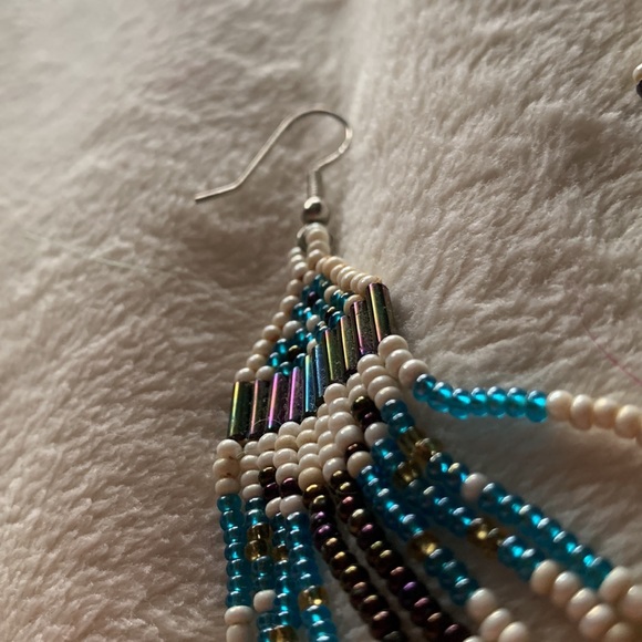 True vintage hand beaded native fringe earrings turquoise teal - Picture 8 of 9